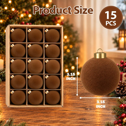 15 Pcs Brown Velvet Ornaments, 3.15" Large Velvet Balls for Christmas Tree