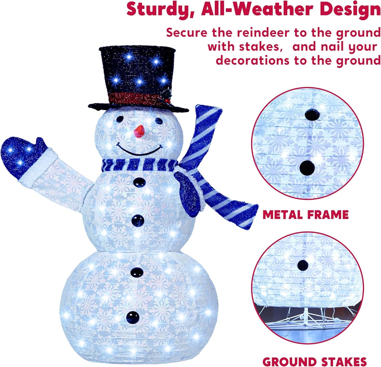 3 STUKE 3D Kersfees Opvoubare Sneeuman Tuinlig 270 Voorafverligte LED Koele Wit Liggie - Blou Serp