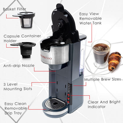 Mixpresso Gray Single Serve Coffee Brewer K-Cup Pods Compatible & Ground, 30 oz Compact Coffee Maker Single Serve With 5 Brew Sizes Up To 14 Oz, Fits Travel Mug, Adjustable Drip Tray