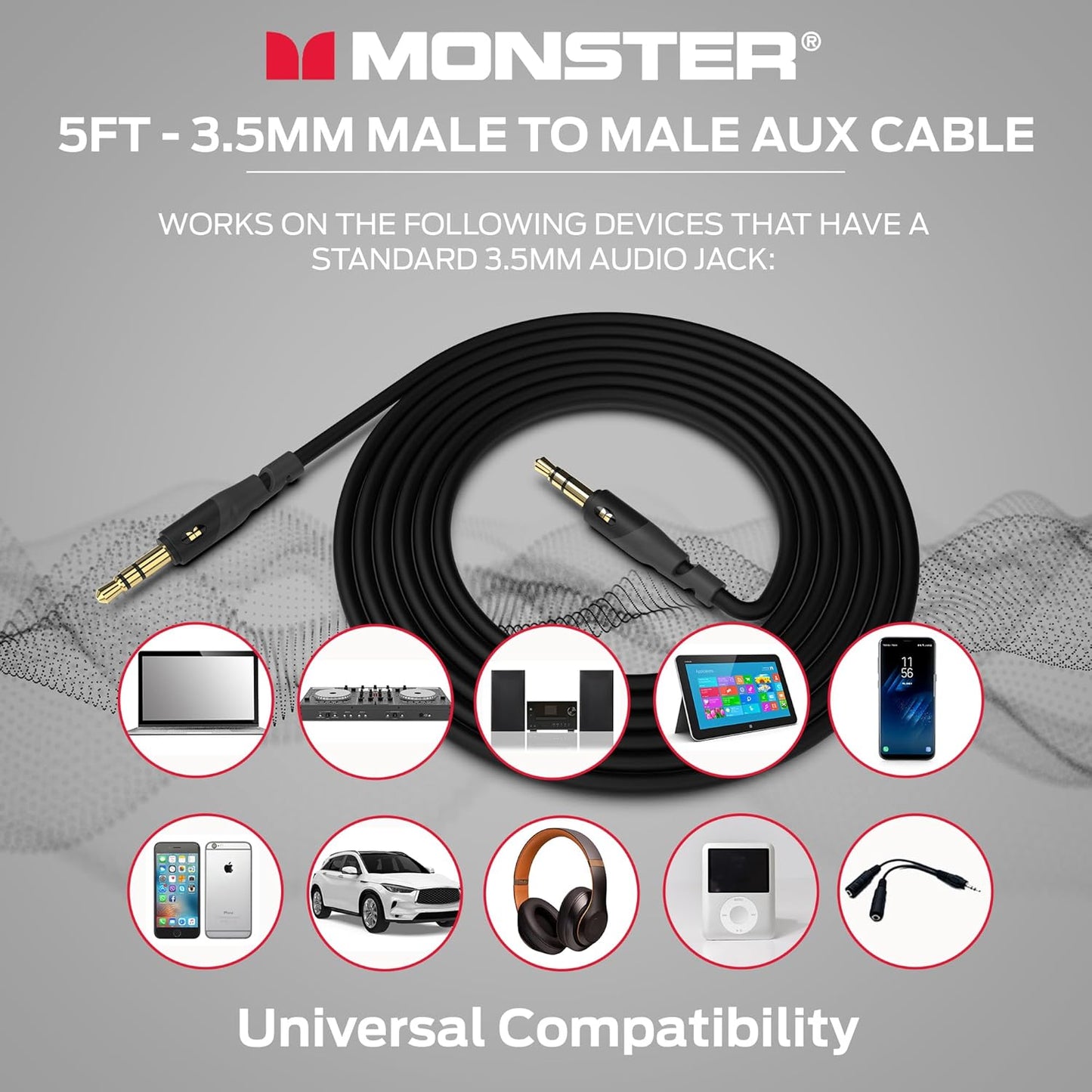 Monster Gen1 Essentials Mini-na-Mini Interconnect Oudiokabel 3.5mm Manlik na Manlik, 5VT Aux-kabel met Duraflex-omhulsel, Premium Goudgeplateerde Koontakte, Kabel vir Motor, Huis, Stereo