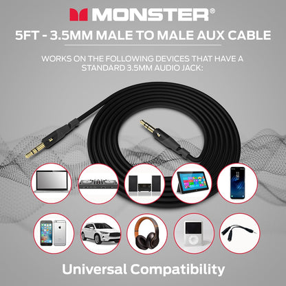 Monster Gen1 Essentials Mini-na-Mini Interconnect Oudiokabel 3.5mm Manlik na Manlik, 5VT Aux-kabel met Duraflex-omhulsel, Premium Goudgeplateerde Koontakte, Kabel vir Motor, Huis, Stereo