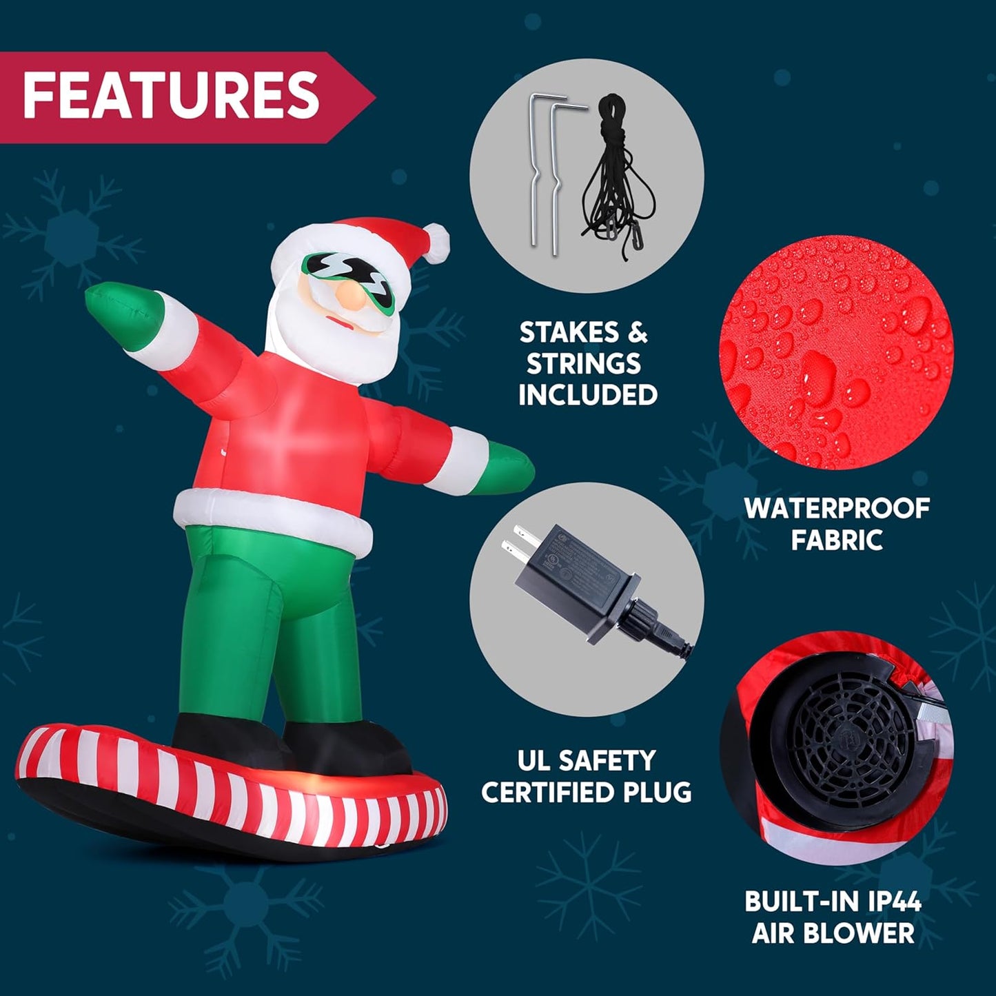 (6FT) Tall Christmas Inflatables Decorations Snowboarding Santa, Blow Up Yard Build-in LED Decor