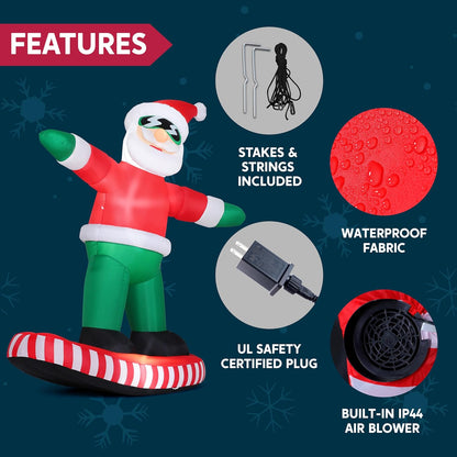 (6FT) Tall Christmas Inflatables Decorations Snowboarding Santa, Blow Up Yard Build-in LED Decor