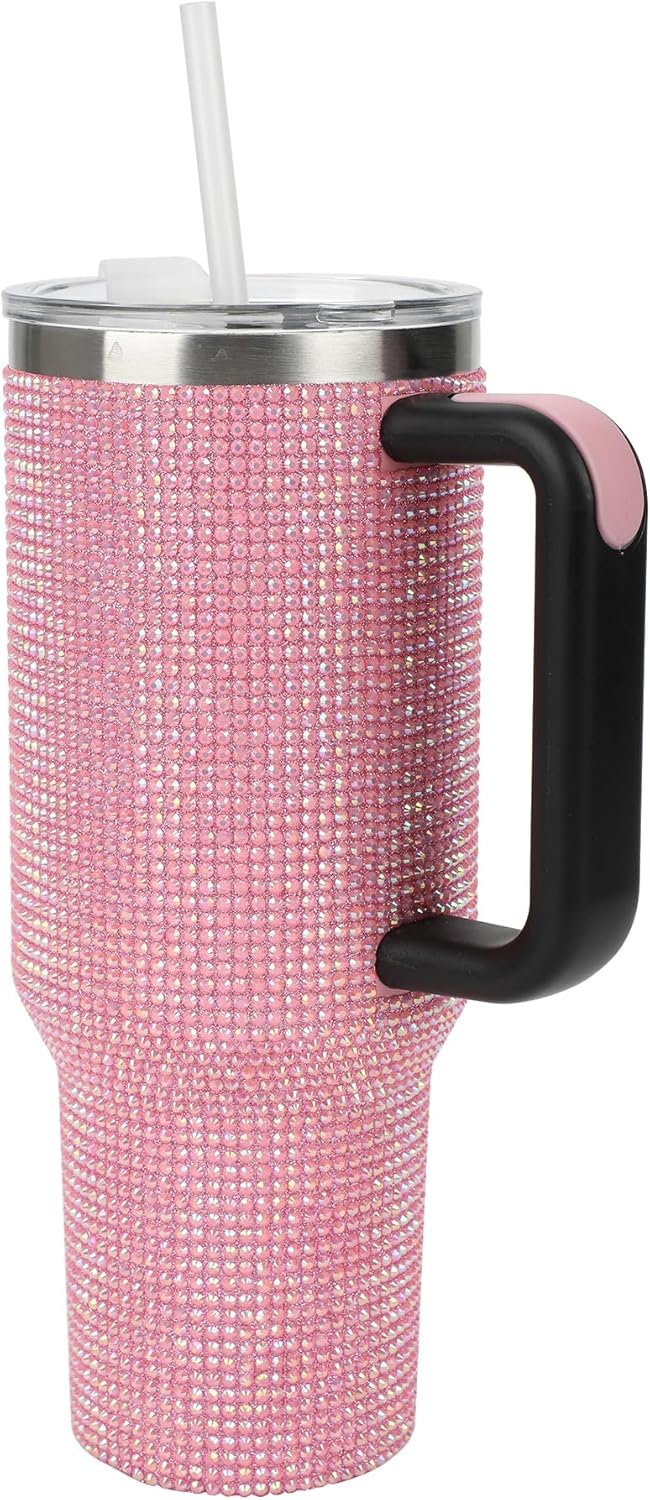 Insulated Stainless Steel Tumbler w/ Reusable Straw & Leak-Proof Lid Easy Carry Handle 40oz (Pink Rhinestones)