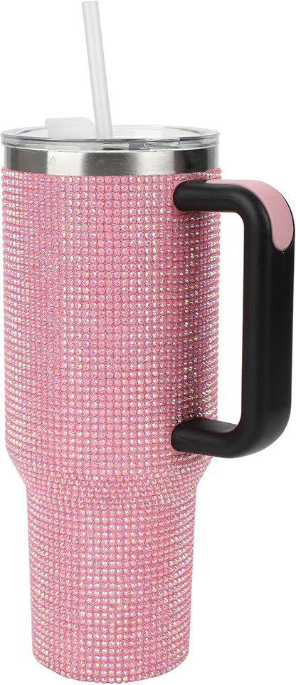 Insulated Stainless Steel Tumbler w/ Reusable Straw & Leak-Proof Lid Easy Carry Handle 40oz (Pink Rhinestones)