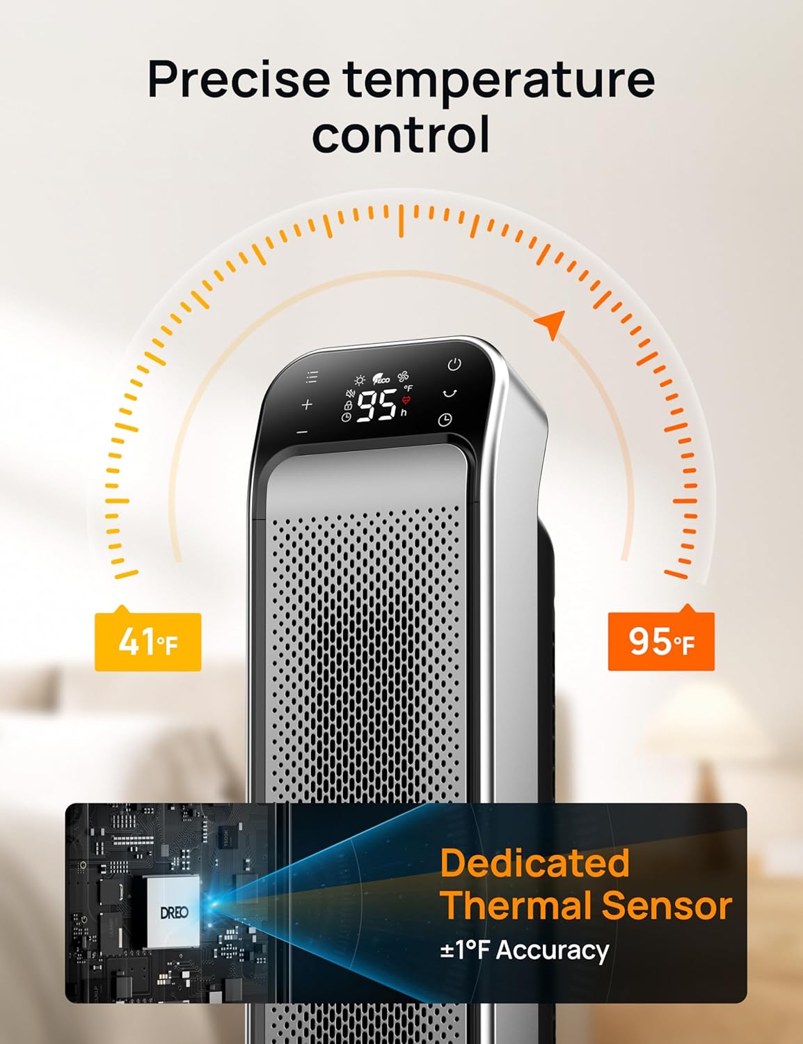 Verwarmer vir Binnenshuis, 25" 11.5vt/s Vinnige Draagbare Verwarmer met Afstandbeheer en Termostaat, 3 Modes vir Binnenshuise Gebruik Groot Vertrek - Silwer