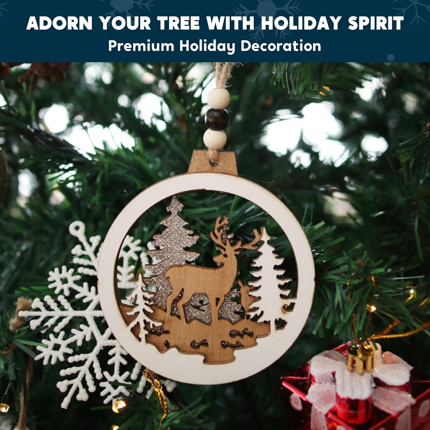(6PCS) Christmas Wooden Ornaments Farmhouse Rustic Reindeer, Hanging Wood Ornaments - Classic