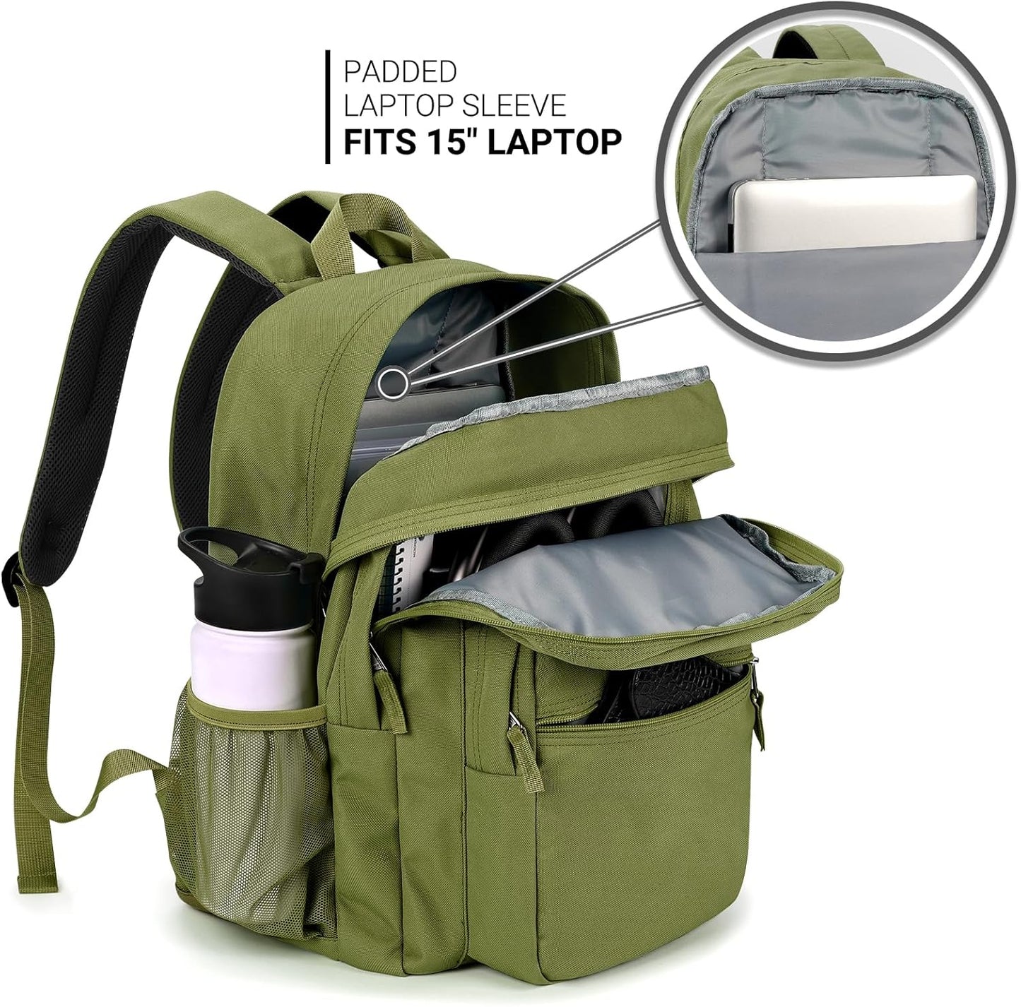 26L Backpack for School, College, and Travel: Water Resistant Bookbag with 8 Compartments - Army Green