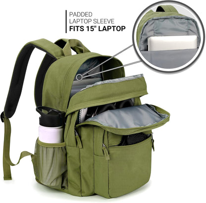 26L Backpack for School, College, and Travel: Water Resistant Bookbag with 8 Compartments - Army Green