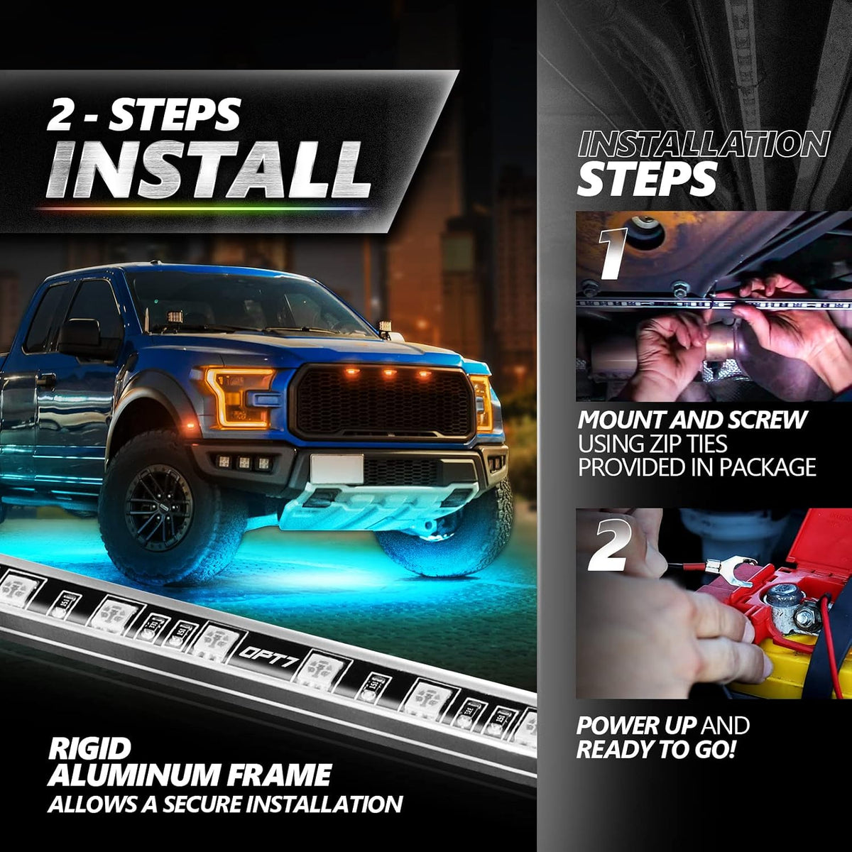 Aura Pro RGB Aluminum Truck Underglow Kit w/ App & Remote Control Waterproof 1-Piece Rigid Bars, 4PC Multicolor Music Sync Lighting, Exterior.