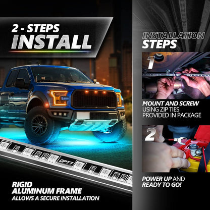 Aura Pro RGB Aluminum Truck Underglow Kit w/ App & Remote Control Waterproof 1-Piece Rigid Bars, 4PC Multicolor Music Sync Lighting, Exterior.