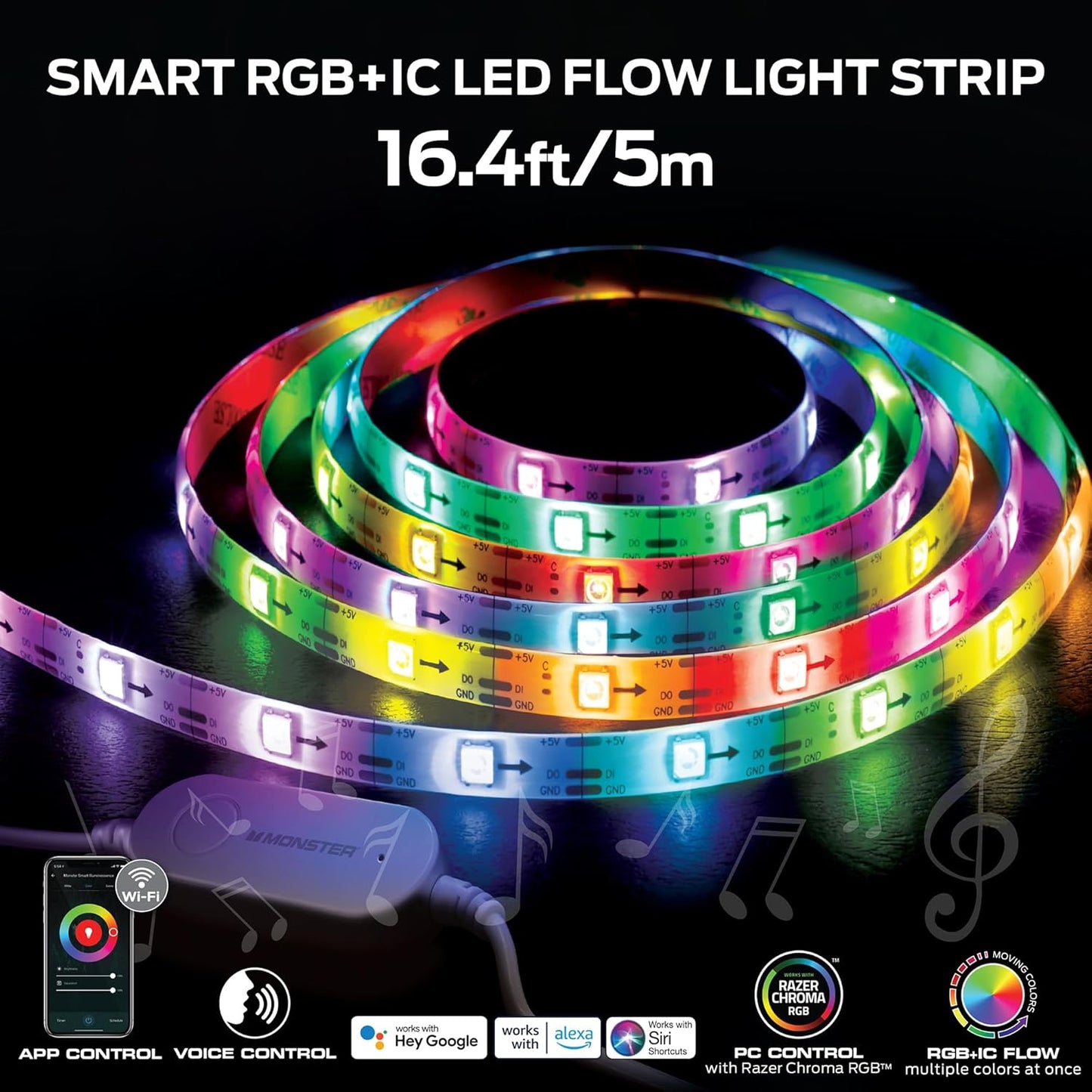Monster 16.4ft Smart Music Sync and Multi-Color Color Flow LED Light Strip with Fun Modes, Indoor Use, Xtreme Easy Use
