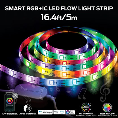 Monster 16.4ft Smart Music Sync and Multi-Color Color Flow LED Light Strip with Fun Modes, Indoor Use, Xtreme Easy Use