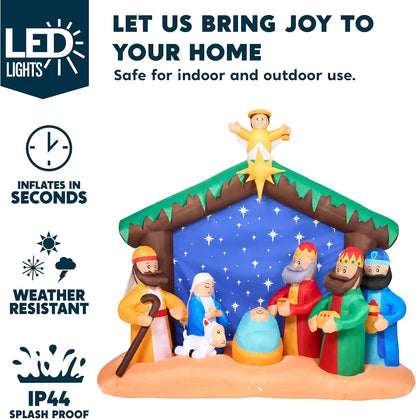 Joiedomi Kersfees Opblaas Nativity Toneel, Kersfees Opblaas Nativity Stel met Ingeboude LED's vir Kersfees Partytjie Werf Buiten Binnenshuise Tuin Grasperk Dekor