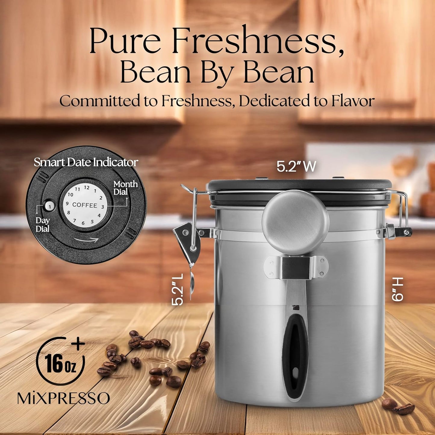 Mixpresso 16 Oz Koffiekan met Venster, Vlekvrye Staal Lugdigte Koffiehouer & skep, Fles Tee Stoor met Datumspoorder, Vakuumverseëlde Espressolugdigte Kanister, Suikerhouer