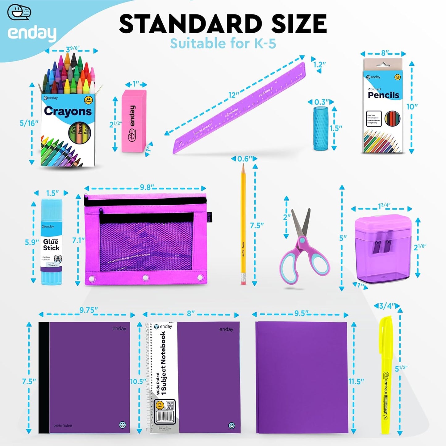 Back to School Supplies for Kids, Purple School Supply Box Premium Quality Kids School Supplies Kit, Kindergarten School Supplies for Girls and Boys, 71 Piece Set - by Enday