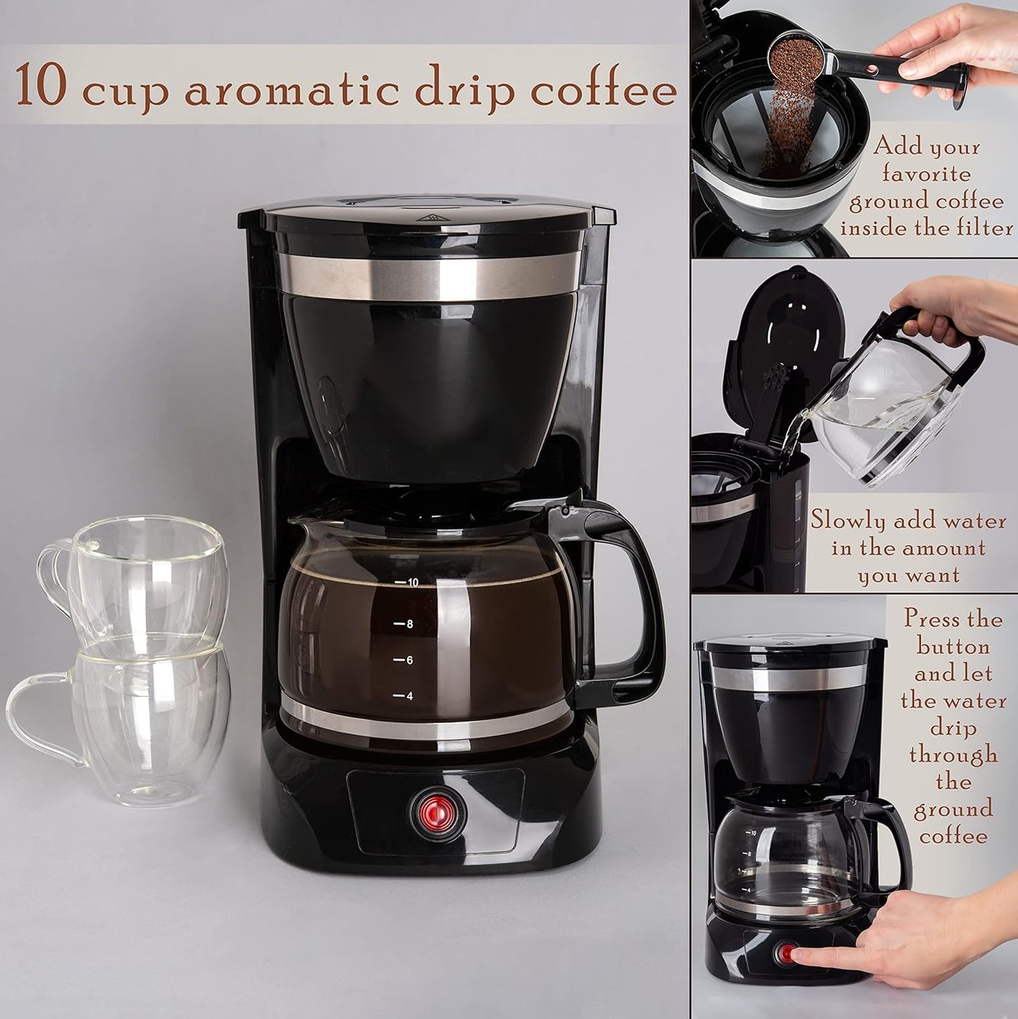 Mixpresso 10-Koppie Drupkoffiemaker, Swart Koffiepot Met Herbruikbare Filter