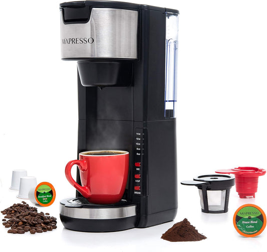 Mixpresso Swart Enkelbedien Koffiebrouer K-Cup Peule Versoenbaar & Gemaalde Koffie, 30 oz Kompakte Koffiemaker Enkelbedien Met 5 Brougroottes Tot 14 Oz, Pas Reismok, Verstelbare Drupbak