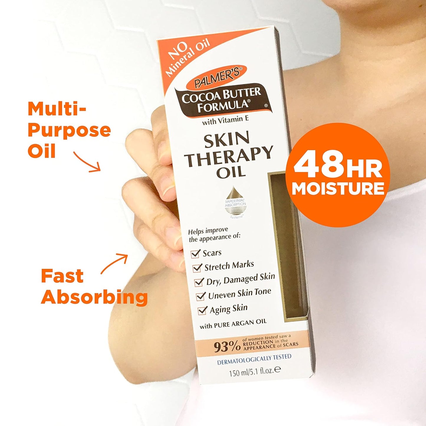 Palmer's Cocoa Butter Formula Skin Moisturizing Body Oil w/ Vitamin E & Pure Argan Oil, Deep Body Moisturizer for Dry, Damaged Skin, Scars or Stretch Marks, 5.1 Fl Oz