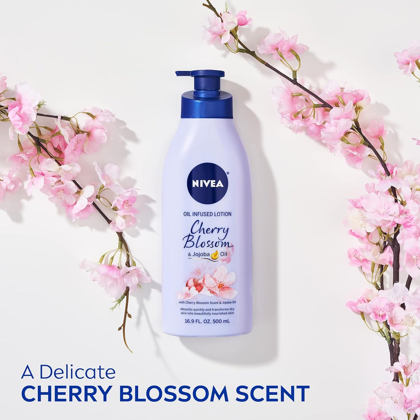 NIVEA Oil Infused Cherry Blossom and Jojoba Oil Body Lotion for Women, Fast-Absorbing and Non-Greasy Cherry Blossom Scented Lotion Moisturizes for 48 Hours, 16.9 Fl Oz Pump Bottle - (2PK)