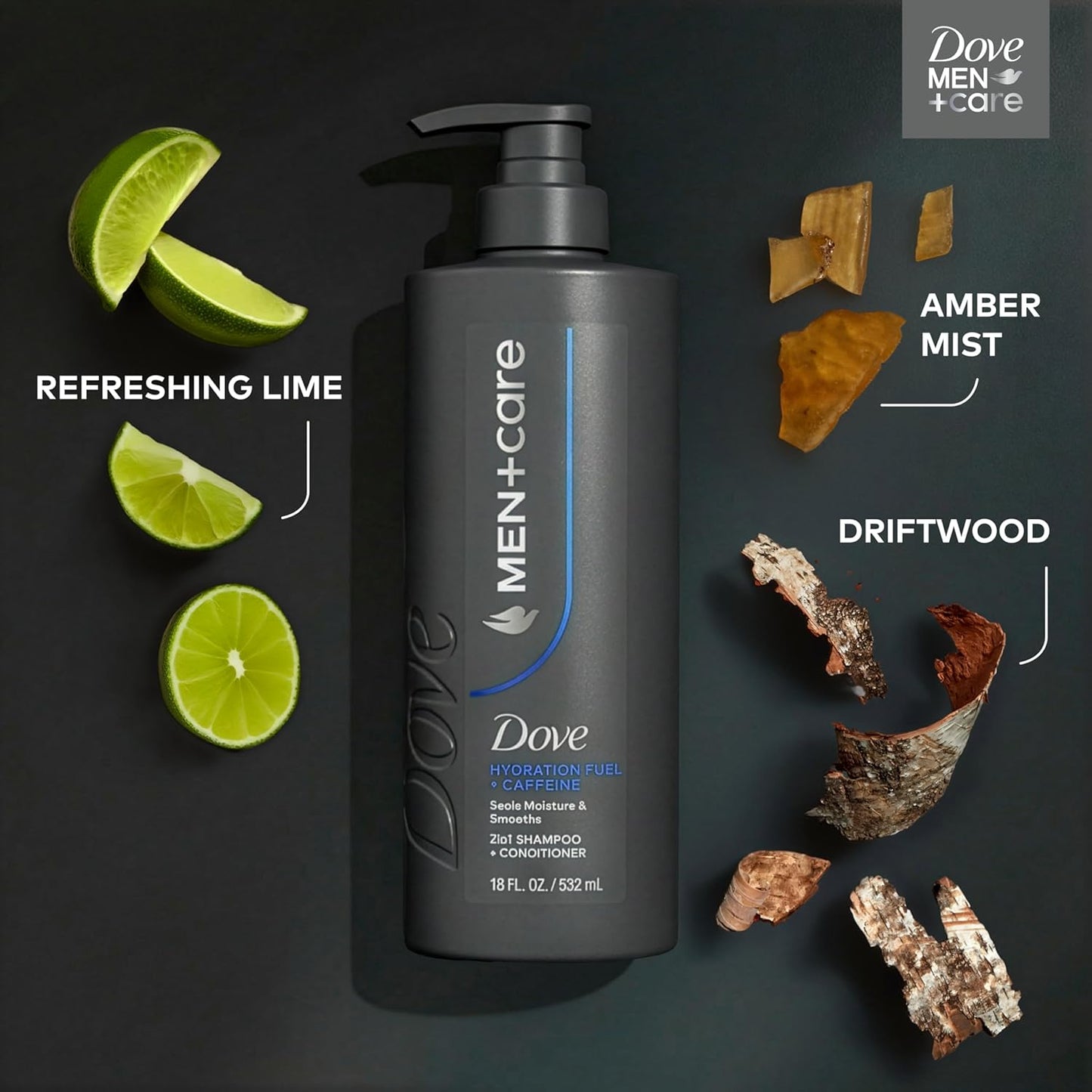 Dove Men+Care Shampoo Hydration Fuel to Seal Moisture & Smooth Hair, with Caffeine, 18 FL OZ (2 CT)