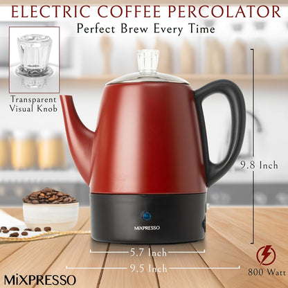 Mixpresso Rooi Klein Perkolator Koffiepot Elektries 4 Koppies, Vlekvrye Staal Koffiemaker, Koffie Perkolator Elektries Met Warmhou-funksie, 4 Koppies Vlekvrye Staal Perkolator Met Mandjie