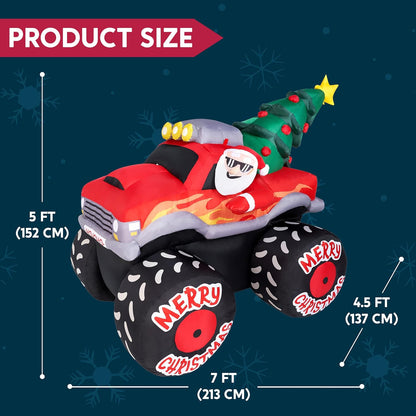 (7FT) Long Christmas Inflatable Santa Driving Truck with Christmas Tree, Blow Up Santa on Truck with Build-in LEDs for Xmas Party Decor Yard Outside Garden Holiday Decoration
