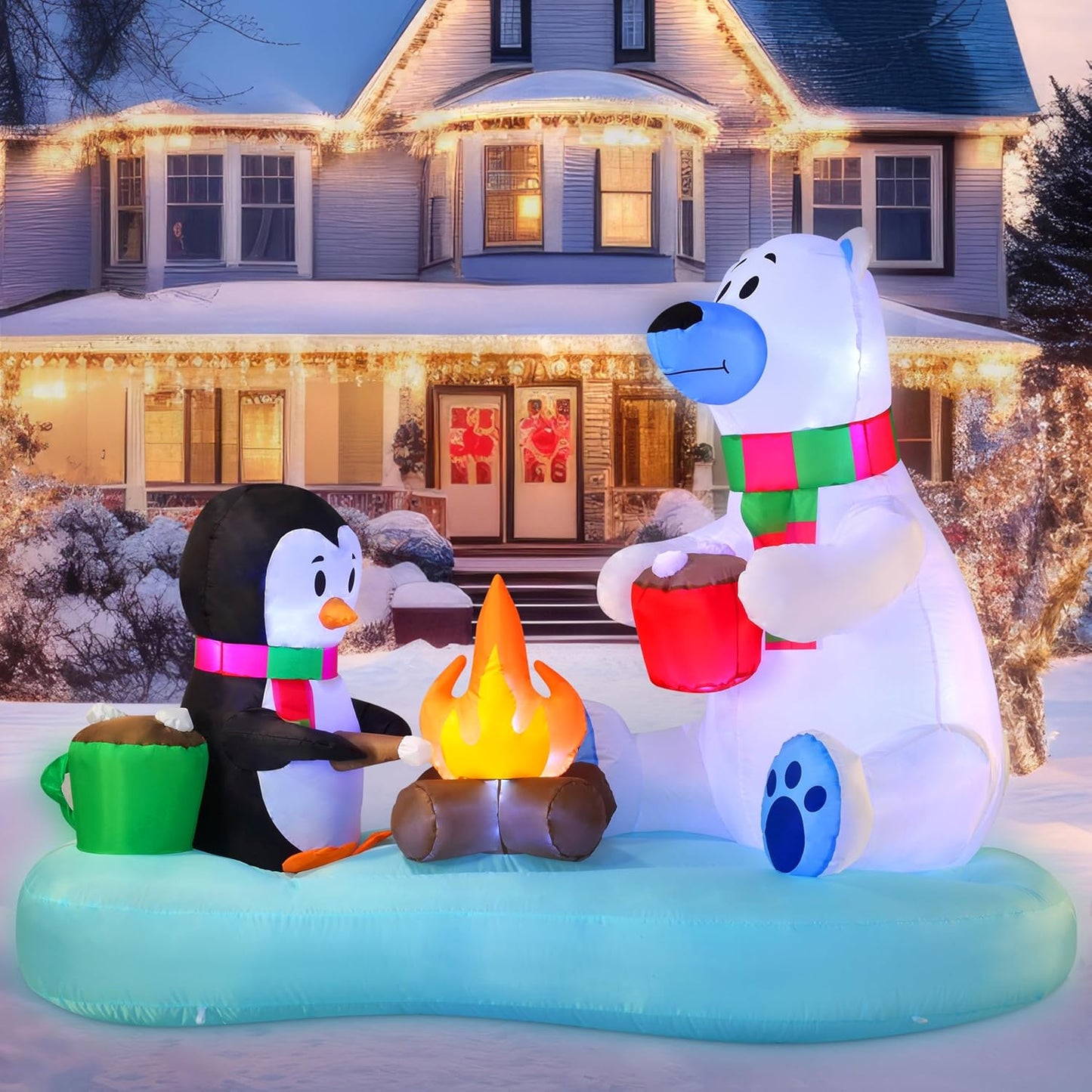 (6FT)  Long Christmas Inflatable Polar Bear and Penguin w/ Campfire, Blow Up Yard Decoration Build-in LEDs Winter Décor