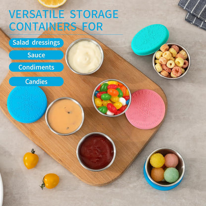Freshmage [6 Pak 2.4oz] Roesvrye Staal Dressingshouer met Silikoondeksels, Herbruikbare Lekvrye Kondimenthouers Klein Soushouerstelle
