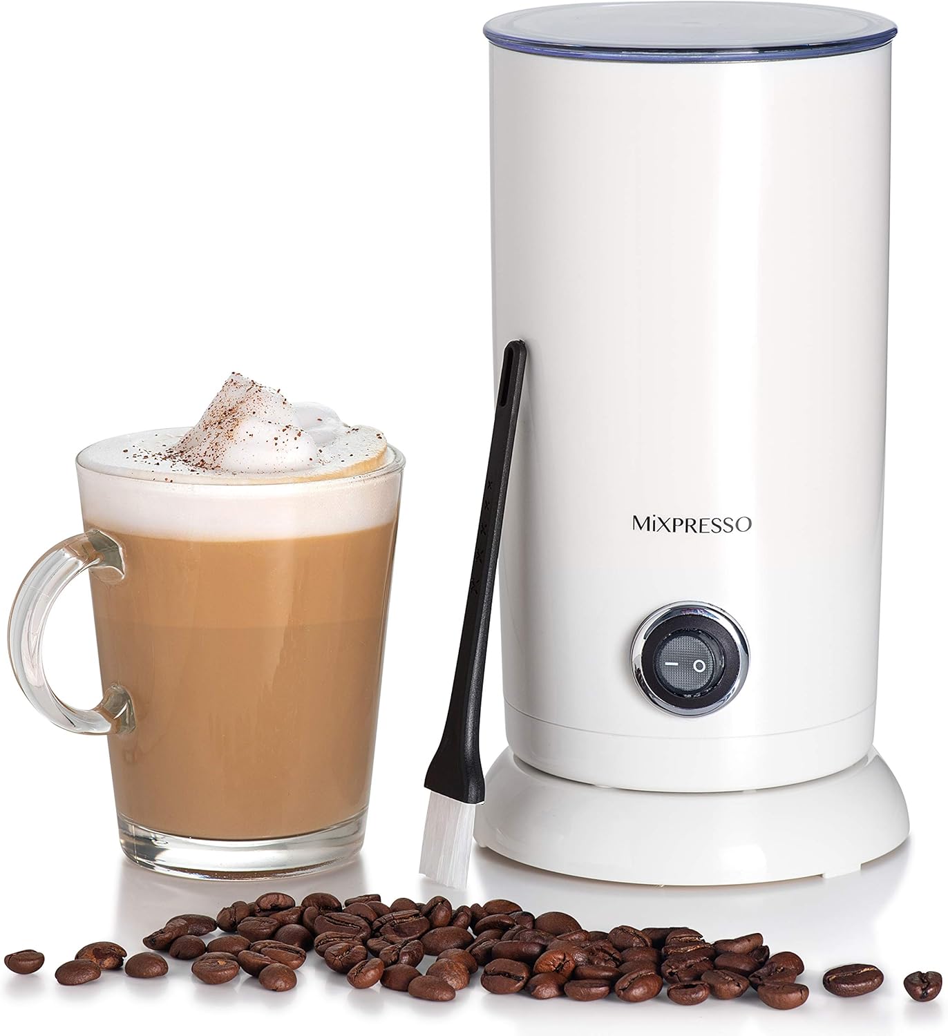Mousseur à Lait Électrique Mixpresso, Cuiseur Vapeur et Chauffe-Lait en Acier Inoxydable, Arrêt Automatique, Intérieur Antiadhésif, Froid au Toucher, Capacité 280ml/180ml, Mousseur Électrique Blanc
