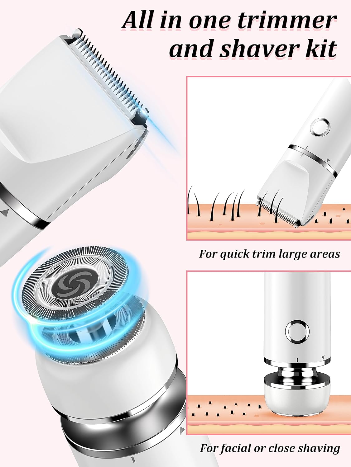 Bikini Trimmer and Shaver Kit - 2-in-1 Wet/Dry Electric Body Hair Trimmer Facial Hair Removal Cordless Waterproof (White)