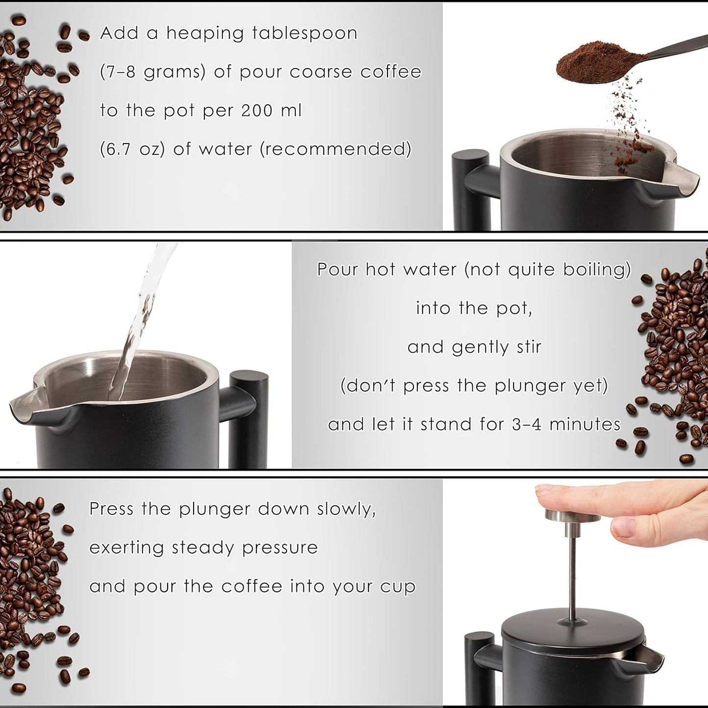 Mixpresso Swart Vlekvrye Staal Franse Pers Koffiemaker 770 ml, Dubbelwand Geïsoleerde Franse Pers Vlekvrye Staal, Maklik Skoon Teebrouer, Maklik Drukbare Duursame Metaal Koffiepers