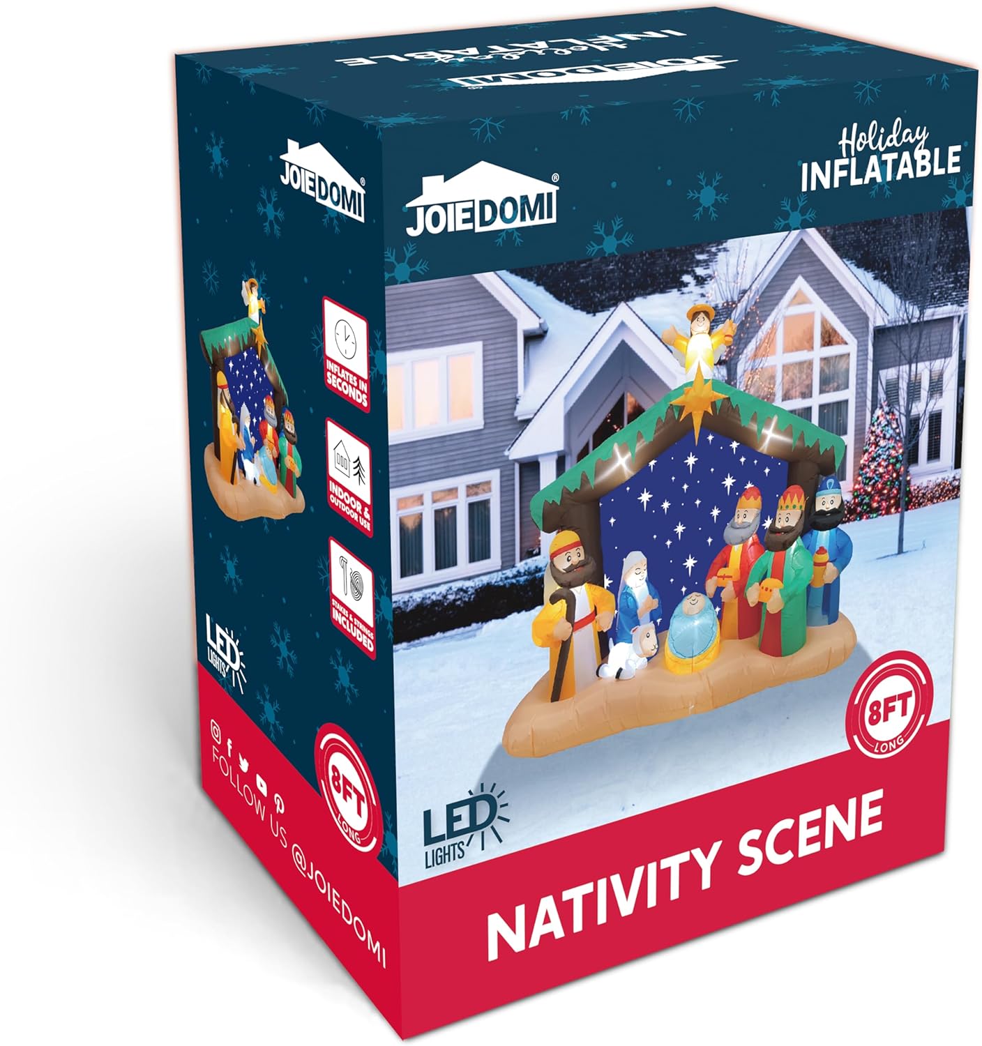 Joiedomi Kersfees Opblaas Nativity Toneel, Kersfees Opblaas Nativity Stel met Ingeboude LED's vir Kersfees Partytjie Werf Buiten Binnenshuise Tuin Grasperk Dekor
