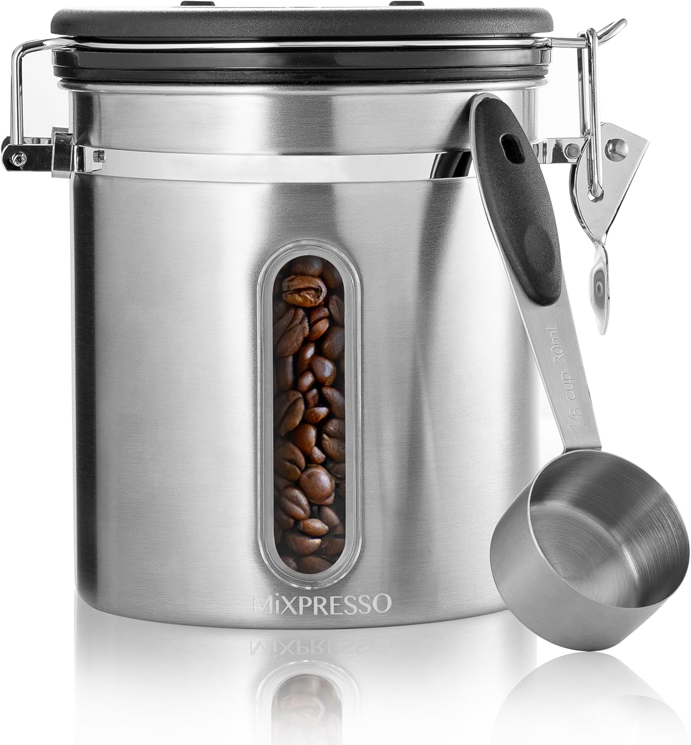 Mixpresso 16 Oz Koffiekan met Venster, Vlekvrye Staal Lugdigte Koffiehouer & skep, Fles Tee Stoor met Datumspoorder, Vakuumverseëlde Espressolugdigte Kanister, Suikerhouer