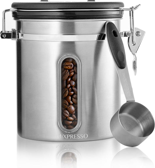 Mixpresso 16 Oz Koffiekan met Venster, Vlekvrye Staal Lugdigte Koffiehouer & skep, Fles Tee Stoor met Datumspoorder, Vakuumverseëlde Espressolugdigte Kanister, Suikerhouer