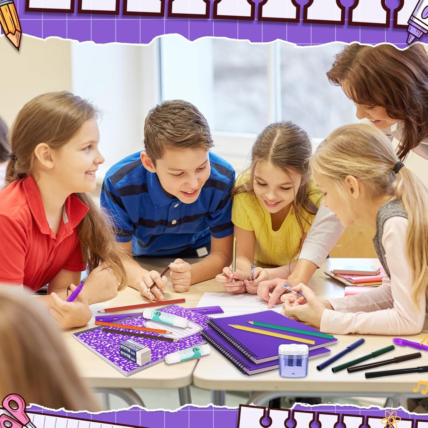 Back to School Supplies Essentials (39 PCS) Bundle Include Pencils Scissors Ruler Eraser Crayon Sharpener Notebook Pencil Case Folder Notebook(Purple)