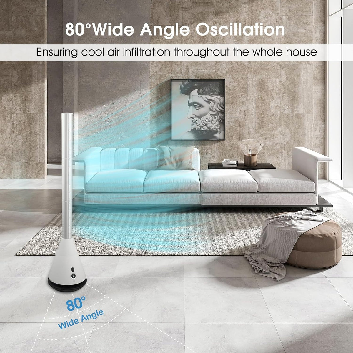 Bladeless Tower Fan w/ Remote 80° Oscillating Air Circulator Fan 9 Speeds 8H Timer Floor Fan