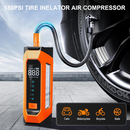 Car Jump Starter with Air Compressor 6000A, 800 Lumen LED Light and 180PSI Portable Battery Jump Box (9L Gas or 8L Diesel),12V Auto Tire Inflator Jumper Starter Combo with LCD Display (Orange)
