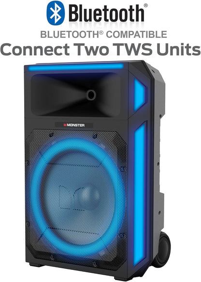 Monster X6 All-in-One Bluetooth Speaker System, Party Speaker, PA | 600W Power, 15" Sub | Beat Synced LED Lights, All Terrain Wheels, TWS Pairing, App Control | Includes Adjustable Tripod & Microphone