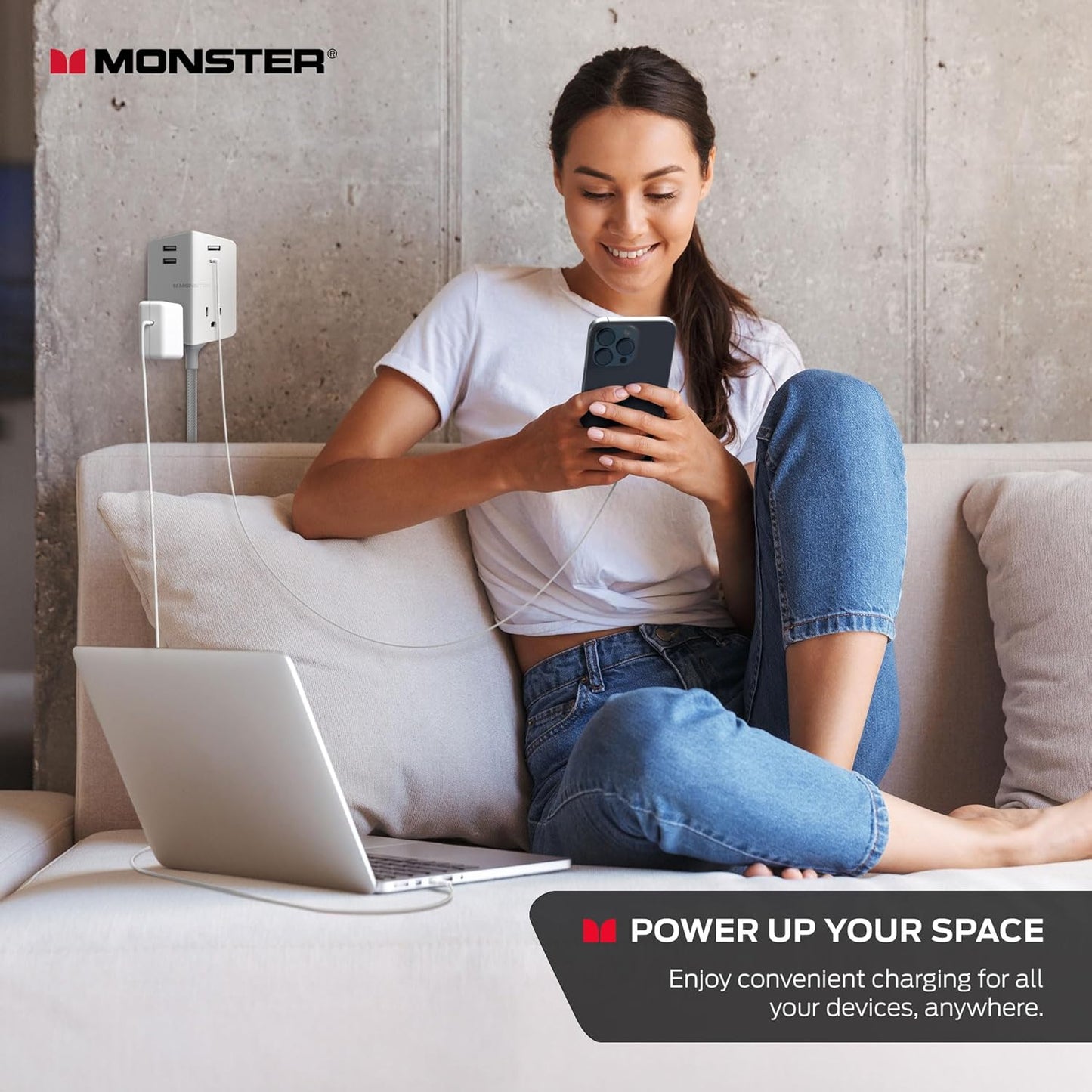 Monster Power Shield: Magnetic Wall Outlet Extender, Multiple Plug Outlet with 2 AC Outlets, 3 USB-A Ports, & 1 USB-C Port (20W)