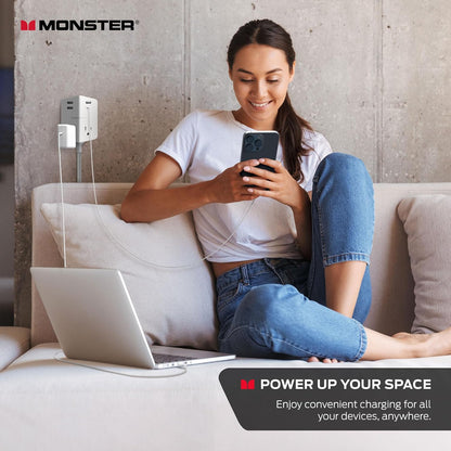 Monster Power Shield: Magnetic Wall Outlet Extender, Multiple Plug Outlet with 2 AC Outlets, 3 USB-A Ports, & 1 USB-C Port (20W)