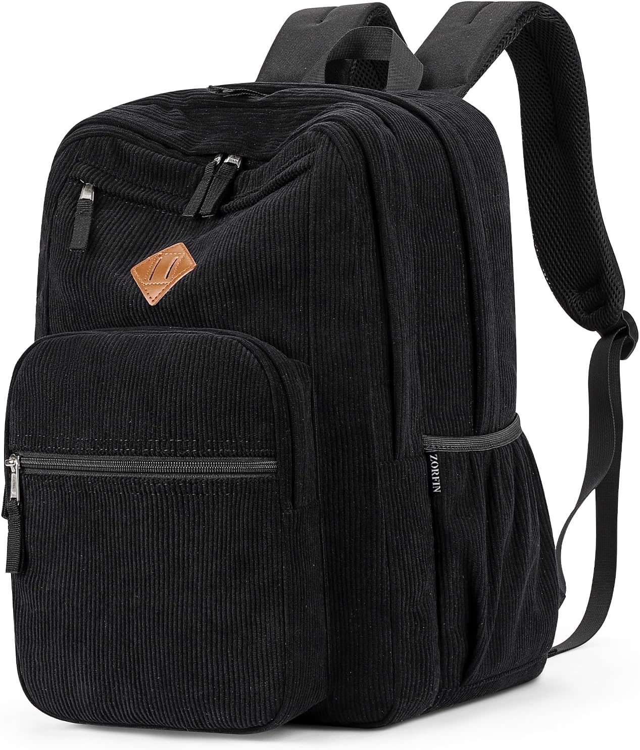 26L Backpack for School, College, and Travel: Corduroy Bookbag with 8 Compartments - Black