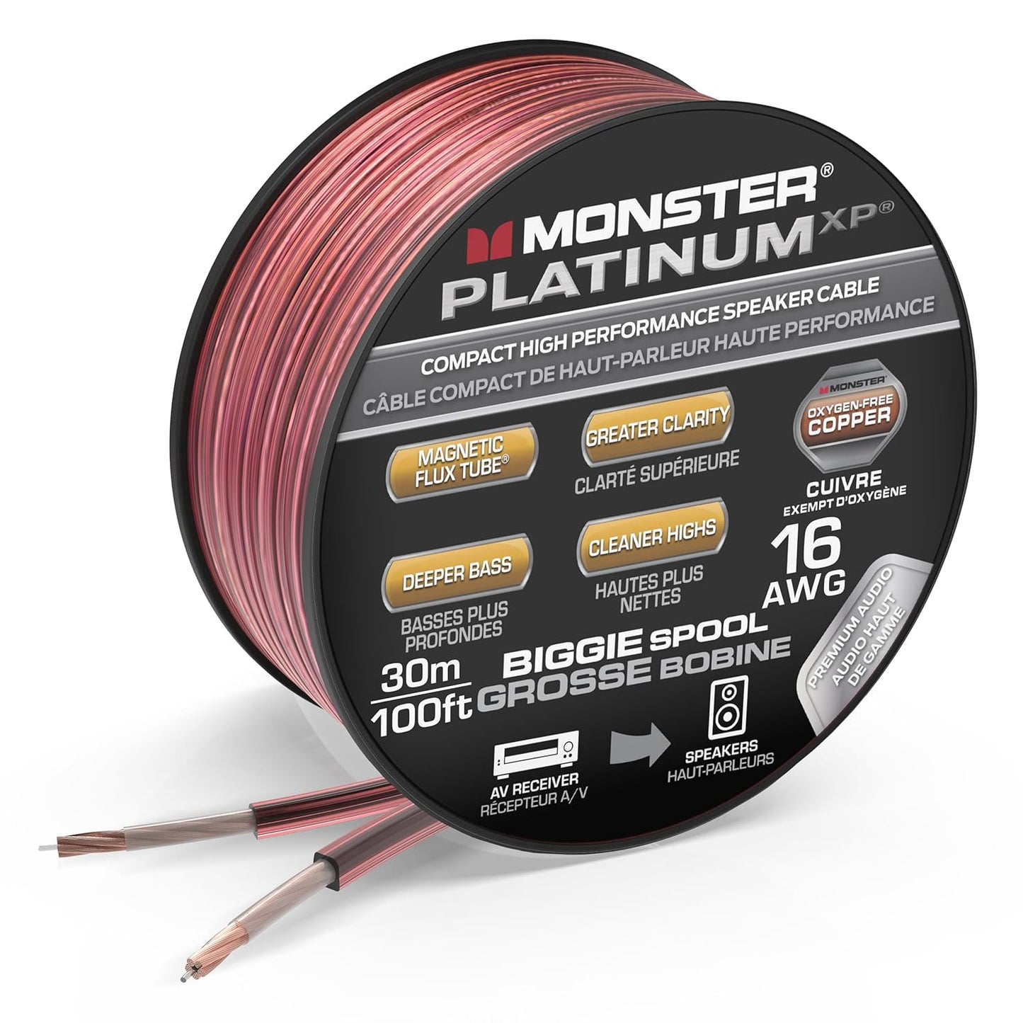 Monster 16 AWG Luidsprekerdraad: Gevorderde Werkverrigting XP Luidsprekerabel 100 VT Spoel met Suurstofvrye Koper (SVK) Oudiodeurkonstruksie – Maklik om Te Strip en Te Installeer Luidsprekerkabels