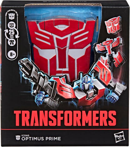 Transformers Icons Optimus Prime 6.75-Inch Voyager Class Action Figure that Converts to Autobot Logo Symbol, Display Stand, Robot Toys for Ages 8+