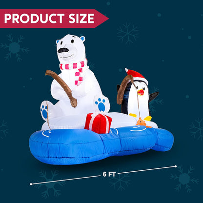 (6FT) Long Christmas Inflatable Polar Bear Fishing w/ Penguin Decoration, Blow Up w/ Built-in LEDs
