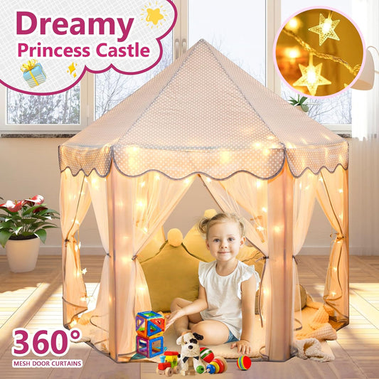 Monobeach Prinses Speelhuisie Tente Meisies Groot Speelhuisie Kinders Kasteel Speelhuisie met Sterliggies Geskenkspeelding vir Kinders Binne en Buite Speletjies, 55'' x 53'' (DxH) (Grys)