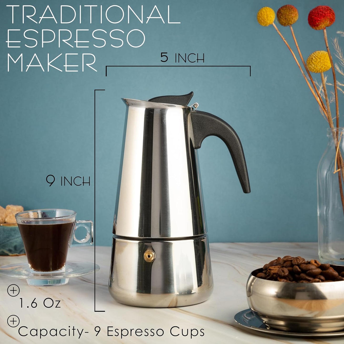 Mixpresso 9 Koppie Greca Kookplaat Espresso Pot 450ml/15oz, Moka Pot met Koffieperkoleerder Ontwerp, Vlekvrye Staal Kookplaat Koffiemaker vir Kamp of Tuisgebruik, Italiaanse Kookplaat Espressomaker