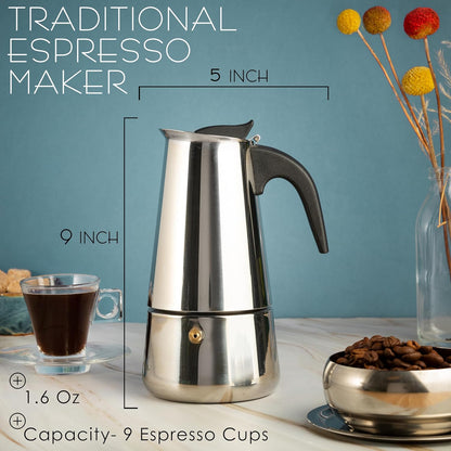 Mixpresso 9 Koppie Greca Kookplaat Espresso Pot 450ml/15oz, Moka Pot met Koffieperkoleerder Ontwerp, Vlekvrye Staal Kookplaat Koffiemaker vir Kamp of Tuisgebruik, Italiaanse Kookplaat Espressomaker