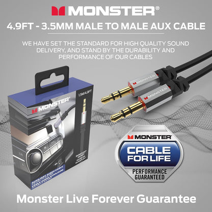 Monster Gen2 Essentials Oudiokabel 3.5mm Manlik-na-Manlik Aux-koord vir Kar, iPhones, Oorfone, 1.5m Duraflex-omhulsel, Vergulde Koppelaars, Uitstekende Klankgehalte en Duursame Kabel