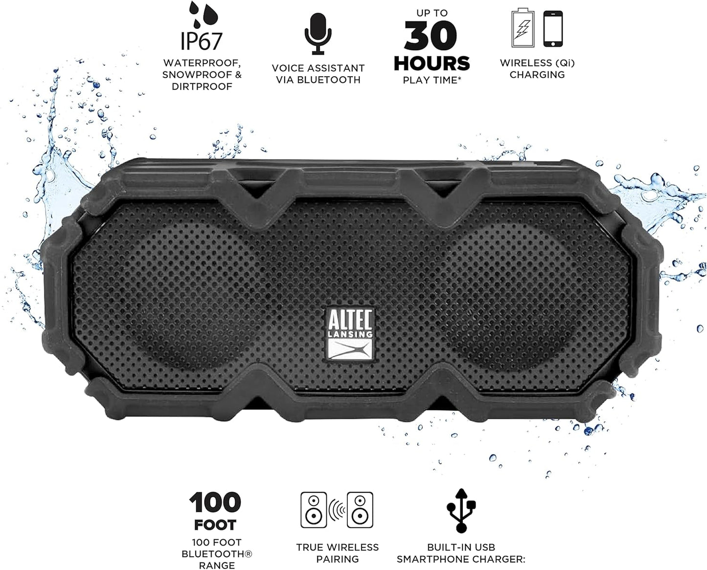 Altec Lansing LifeJacket - Waterdigte Bluetooth-luidspreker, duursame en draagbare luidspreker met Qi-draadlose laai en stemassistent, swart
